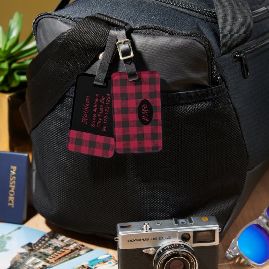 Étiquette À Bagage Initiales du monogramme de contrôle du bison noir  (Recto & Verso)