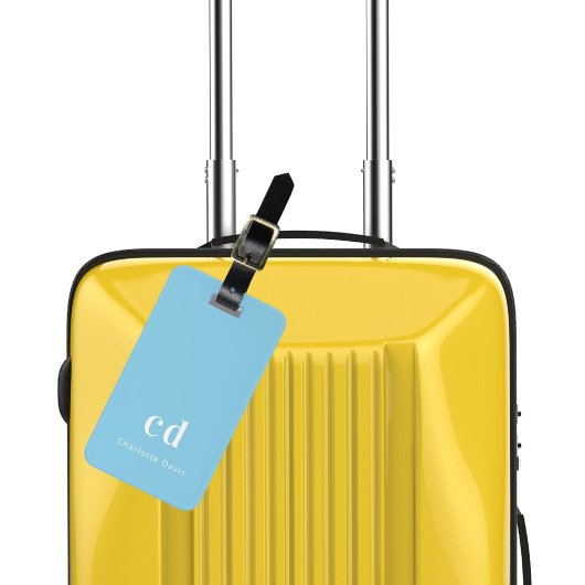Étiquette À Bagage Initiales en monogramme blanc bleu clair