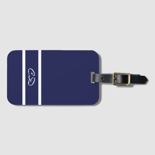 Étiquette À Bagage Initiales en monogramme blanc bleu marine (Devant Horizontal)