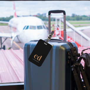 Étiquette À Bagage Initiales en or noir monogramme élégant moderne