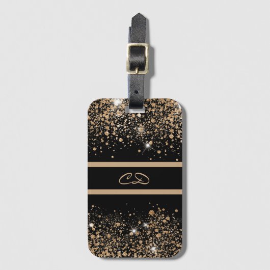 Étiquette À Bagage Initiales en or noir parties scintillant monogramm (Devant Vertical)