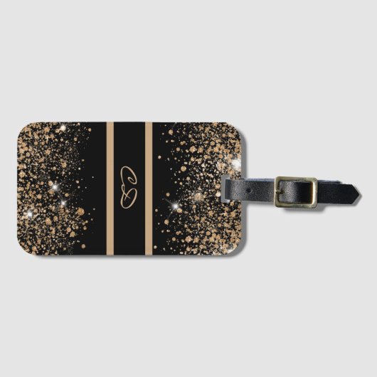 Étiquette À Bagage Initiales en or noir parties scintillant monogramm (Devant Horizontal)