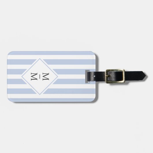 Étiquette À Bagage Initiales monogrammes bleu clair pâle rayures blan (Devant horizontal)