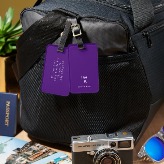 Étiquette À Bagage Initiales Monogrammes + Nom Simple Moderne Violet (Recto & Verso)