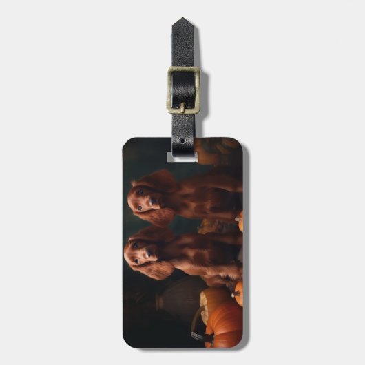 Étiquette À Bagage Irlandais Red Setter Chiot Automne Citrouille de p (Devant Vertical)