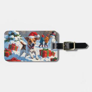 Étiquette À Bagage Jack Russell courant dans la neige avec un chapeau