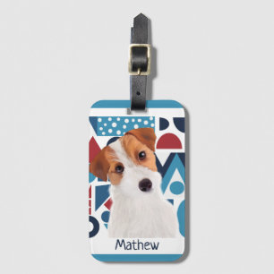 Étiquette À Bagage Jack Russell Terrier Chien bleu et rouge géométriq