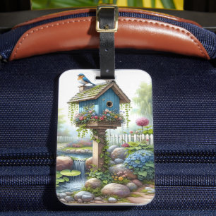 Étiquette À Bagage Jardin de maisonnette à l'aquarelle avec nichoir à