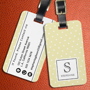 Étiquette À Bagage Jaune Chic Noir Monogramme & Nom Blanc à pois