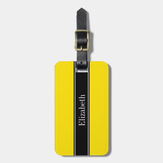 Étiquette À Bagage Jaune, Noir Nom du ruban Monogramme (Devant Vertical)