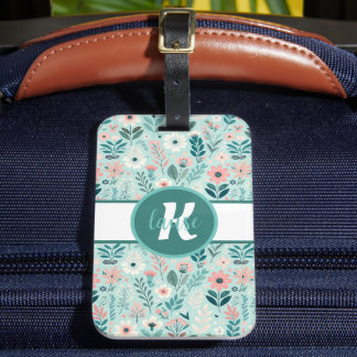 Étiquette À Bagage Joli bleu et rose pastel Fleurs d'Art folklorique