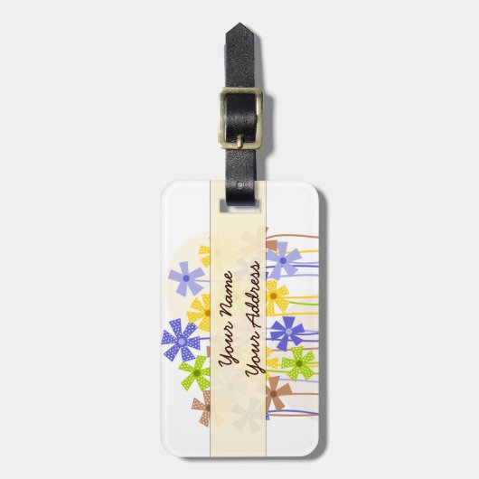 Étiquette À Bagage Joli bleu jaune brun simple fleurs nom adresse (Devant Vertical)