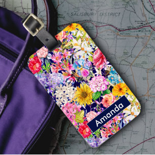 Étiquette À Bagage Joli bleu jaune élégant motif floral monogramme