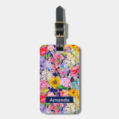Étiquette À Bagage Joli bleu jaune élégant motif floral monogramme (Devant Vertical)