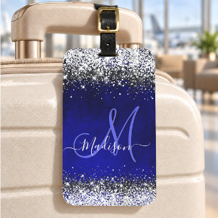 Étiquette À Bagage Joli bleu royal argent faux monogramme pailleté