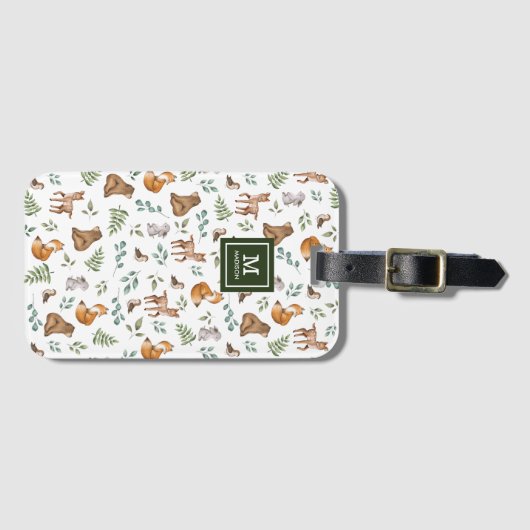 Étiquette À Bagage Joli Bois Animaux Forêt Verdure Monogramme (Devant Horizontal)