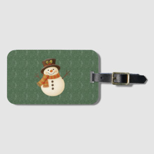 Étiquette À Bagage Joli bonhomme de neige rustique vert vintage