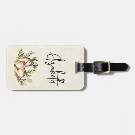 Étiquette À Bagage Joli Cerf Aquarellé Posé En Bas Boho (Devant horizontal)