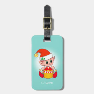 Étiquette À Bagage Joli elfe de Noël et boîte cadeau sur sarcelle