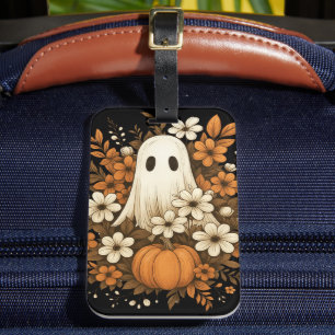 Étiquette À Bagage Joli Fantôme avec Citrouille et Fleurs d'Automne –