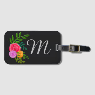 Étiquette À Bagage Joli floral sur tableau noir Monogramme