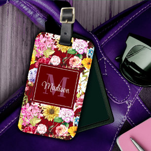 Étiquette À Bagage Joli jaune rouge élégant monogramme floral