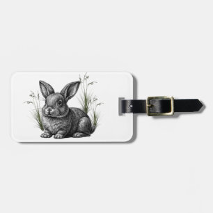 Étiquette À Bagage Joli lapin gris parmi les herbes