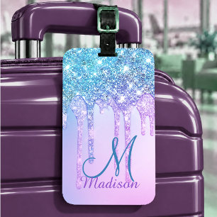 Étiquette À Bagage Joli licorne turquoise bleu Glitter Drips monogram