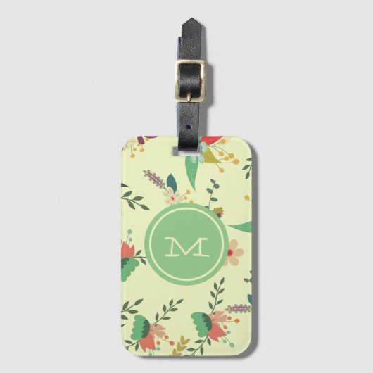 Étiquette À Bagage Joli Monogramme de menthe florale de printemps (Devant Vertical)
