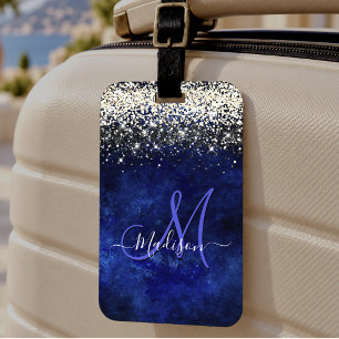 Étiquette À Bagage Joli monogramme doré et bleu royal de faux paillet