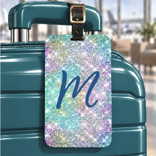 Étiquette À Bagage Joli monogramme faux pailleté iridescent coloré