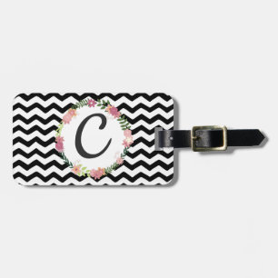 Étiquette À Bagage Joli Monogramme Floral Blanc Chevron