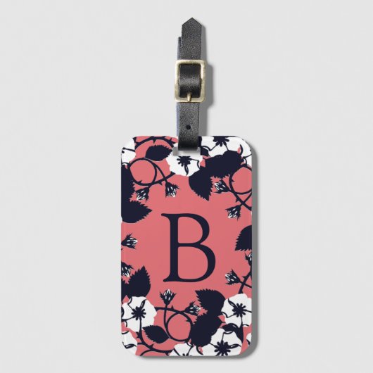 Étiquette À Bagage Joli monogramme floral moderne rose corail (Devant Vertical)