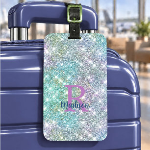 Étiquette À Bagage Joli monogramme iridescent licorne bleu faux paill