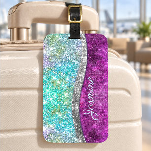 Étiquette À Bagage Joli monogramme iridescent violet sarcelle faux pa