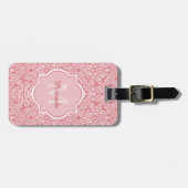Étiquette À Bagage Joli Motif de Damas rose Monogramme avec nom (Devant horizontal)