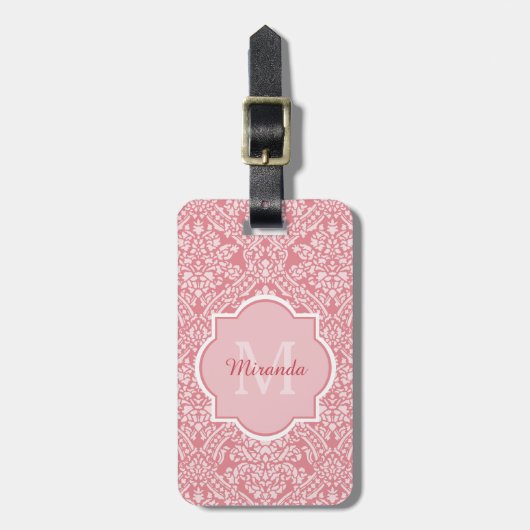 Étiquette À Bagage Joli Motif de Damas rose Monogramme avec nom (Devant Vertical)