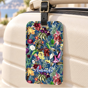 Étiquette À Bagage Joli motif de monogramme bleu avec des feuilles de