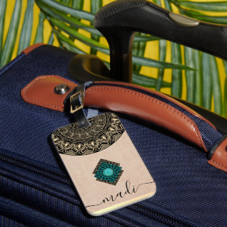 Étiquette À Bagage joli nom personnalisé mandala rond noir beige chic