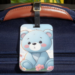 Étiquette À Bagage Joli petit ours en peluche bleu dans le jardin