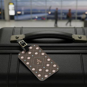 Étiquette À Bagage Joli Plat De Fleur Rose Et Bleu Sur Brown