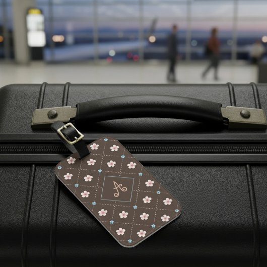 Étiquette À Bagage Joli Plat De Fleur Rose Et Bleu Sur Brown