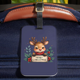 Étiquette À Bagage Joli Renne de Noël avec du Houx et un Panneau