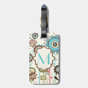 Étiquette À Bagage Joli rétro turquoise bleu motif floral monogramme