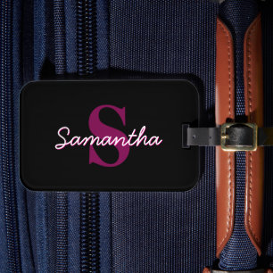 Étiquette À Bagage Joli script de monogramme personnalisable rose et