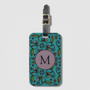 Étiquette À Bagage Joli Turquoise motif floral Monogramme