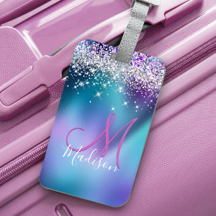 Étiquette À Bagage Joli turquoise violet faux parties scintillant mon