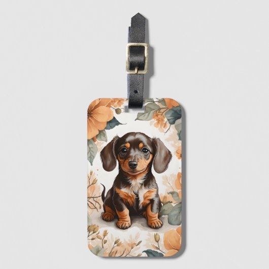 Étiquette À Bagage Jolie Brown dachshund Puppy Peach Floral (Devant Vertical)
