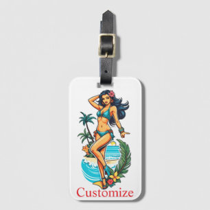 Étiquette À Bagage Jolie fille de plage en bikini aux cheveux noirs T