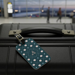 Étiquette À Bagage Jolie Fleur Rose Et Bleu Plantée Sur Turquoise Fon